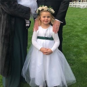 Adorable flower girl dress with emerald ribbon!